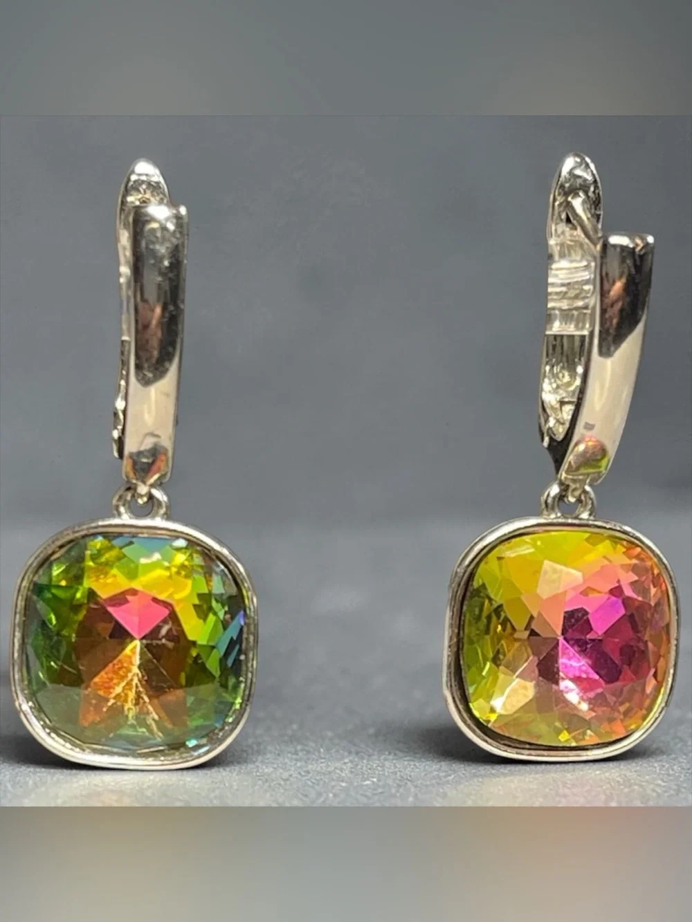 Rainbow Vitrail Crystal Leverback Silver Tone Iridescent Earrings